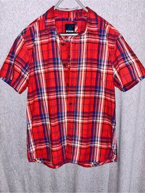 Prana Men’s Red Plaid Short-Sleeve Button-Down Collared Shirt Size M